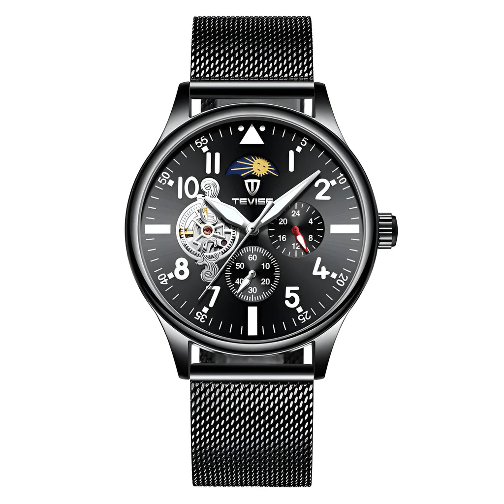Men's black mechanical watch with skeleton caseback showing movement through transparent back