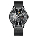 Men's black mechanical watch with skeleton caseback showing movement through transparent back