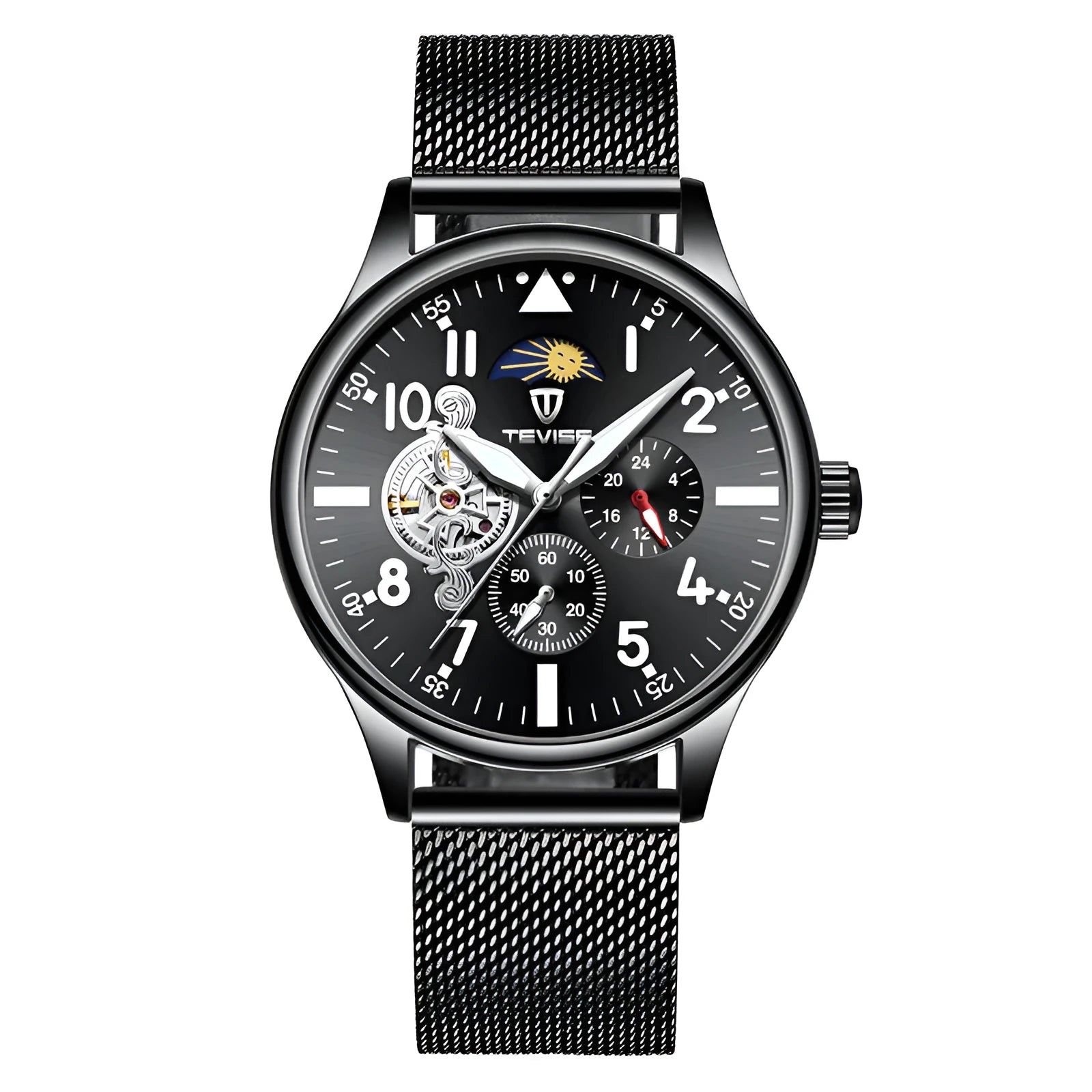 Men's black mechanical watch with skeleton caseback showing movement through transparent back