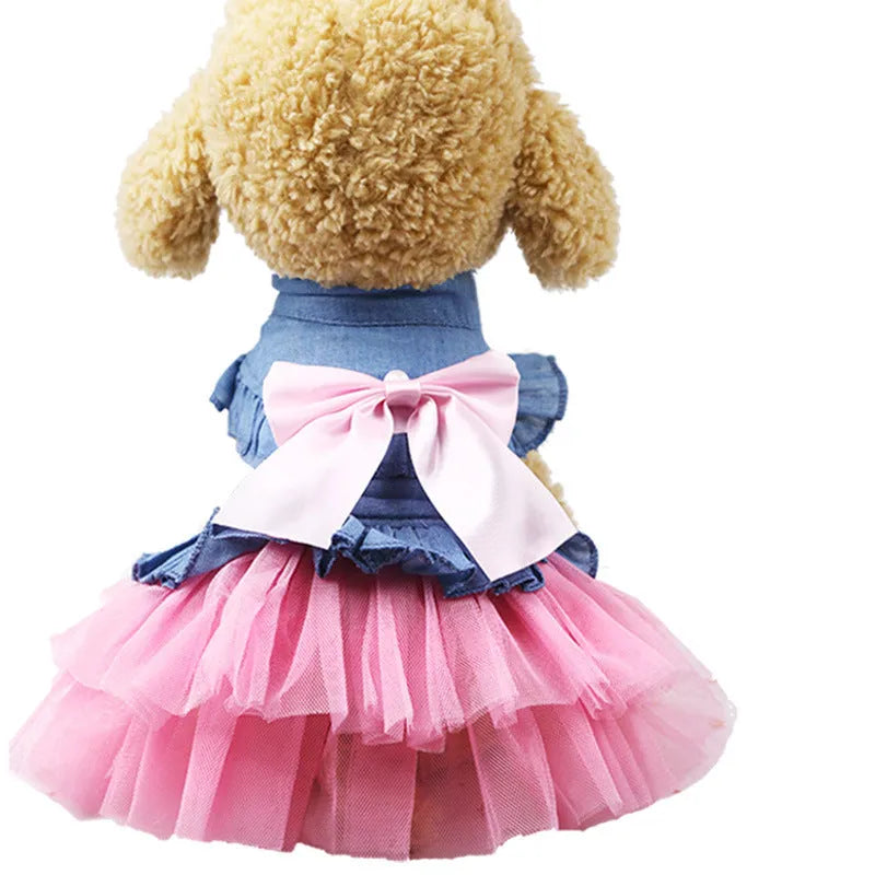Korean version creative bow pet denim skirt for dogs in princess style with ruffled trim