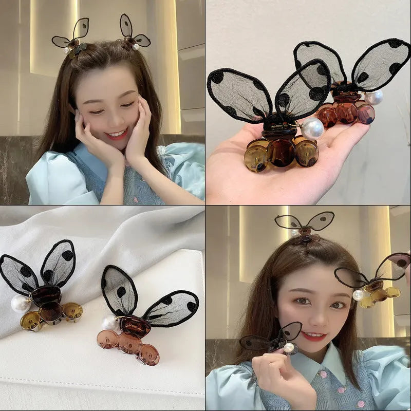 Polka dot lace rabbit ears hair clip with pearl hairpin in four colours: coffee, grey, red, yellow