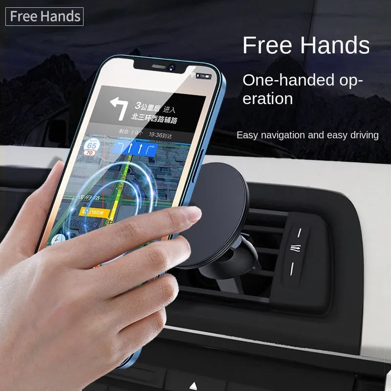 Black aluminium alloy magnetic car phone holder attached to vehicle air vent