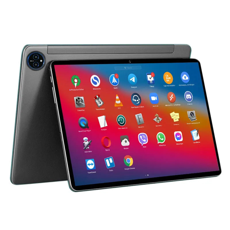 10-inch bare metal blue tablet PC with a black leather keyboard case attached, shown on a desk.