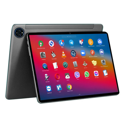 10-inch bare metal blue tablet PC with a black leather keyboard case attached, shown on a desk.