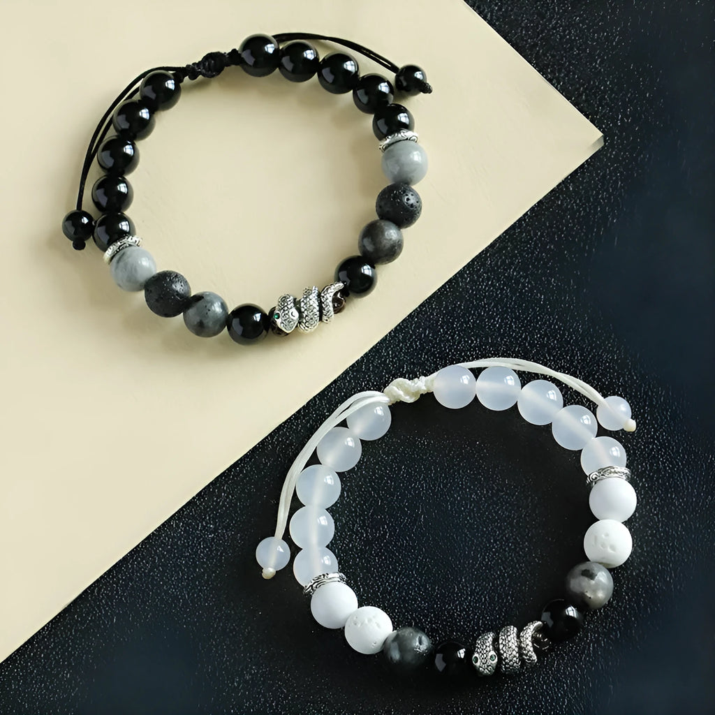 Black and white agate couple bracelet with blessing snake design and turquoise glitter