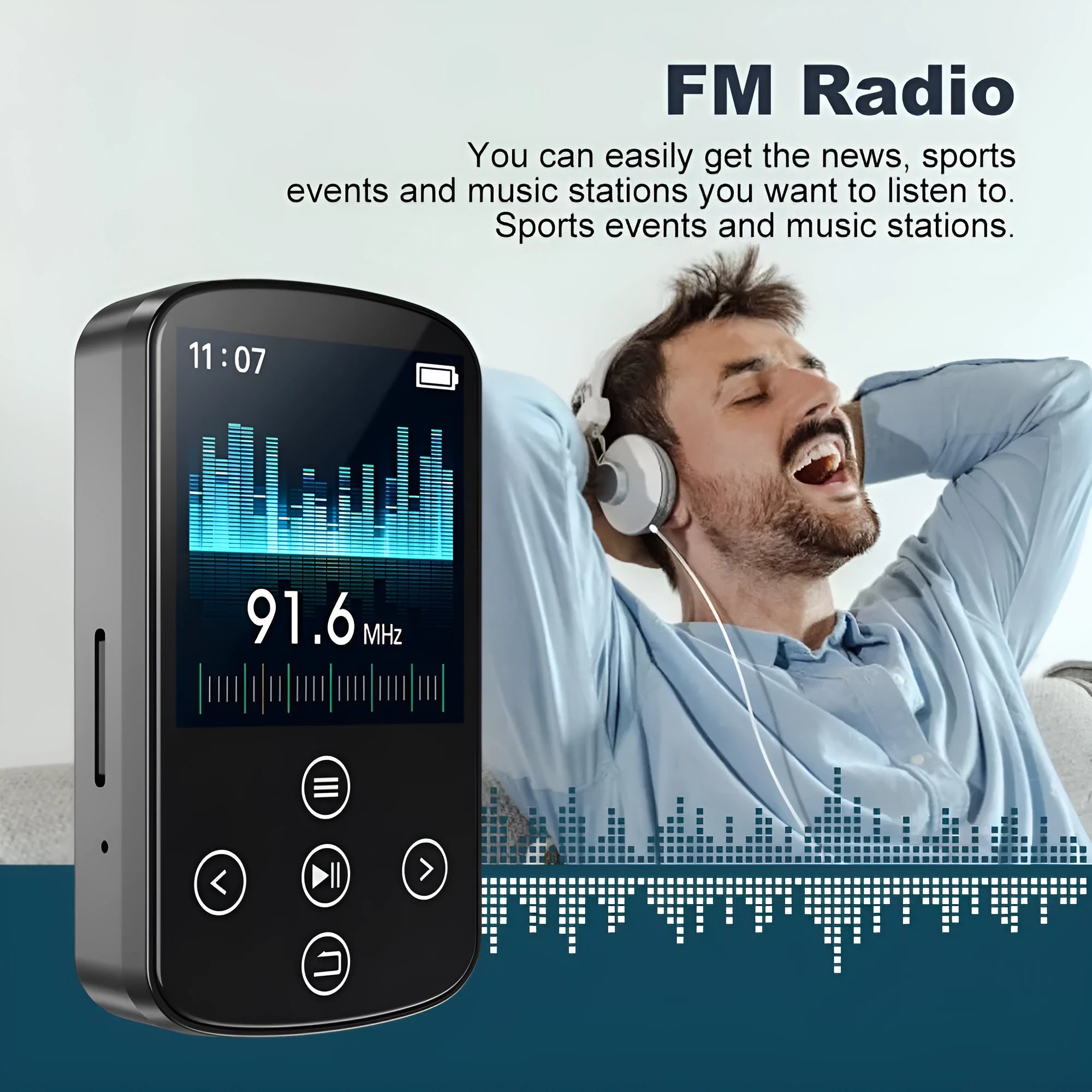 Black Bluetooth music player with 1.5-inch touch screen, FM radio, recording, and e-book functions, 60x35x18mm