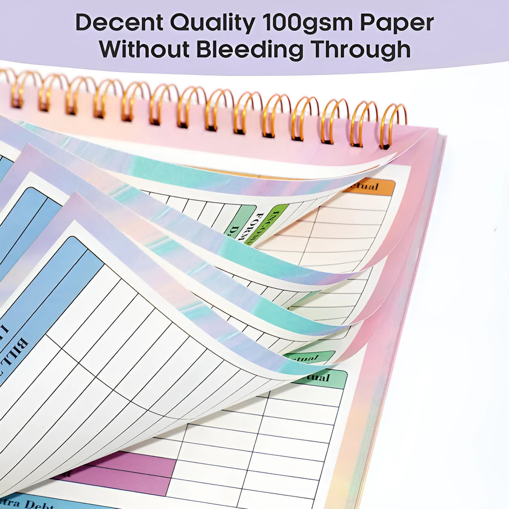 B5 size blue budget tally book with spiral binding, open on a table showing financial columns.