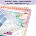 B5 size blue budget tally book with spiral binding, open on a table showing financial columns.