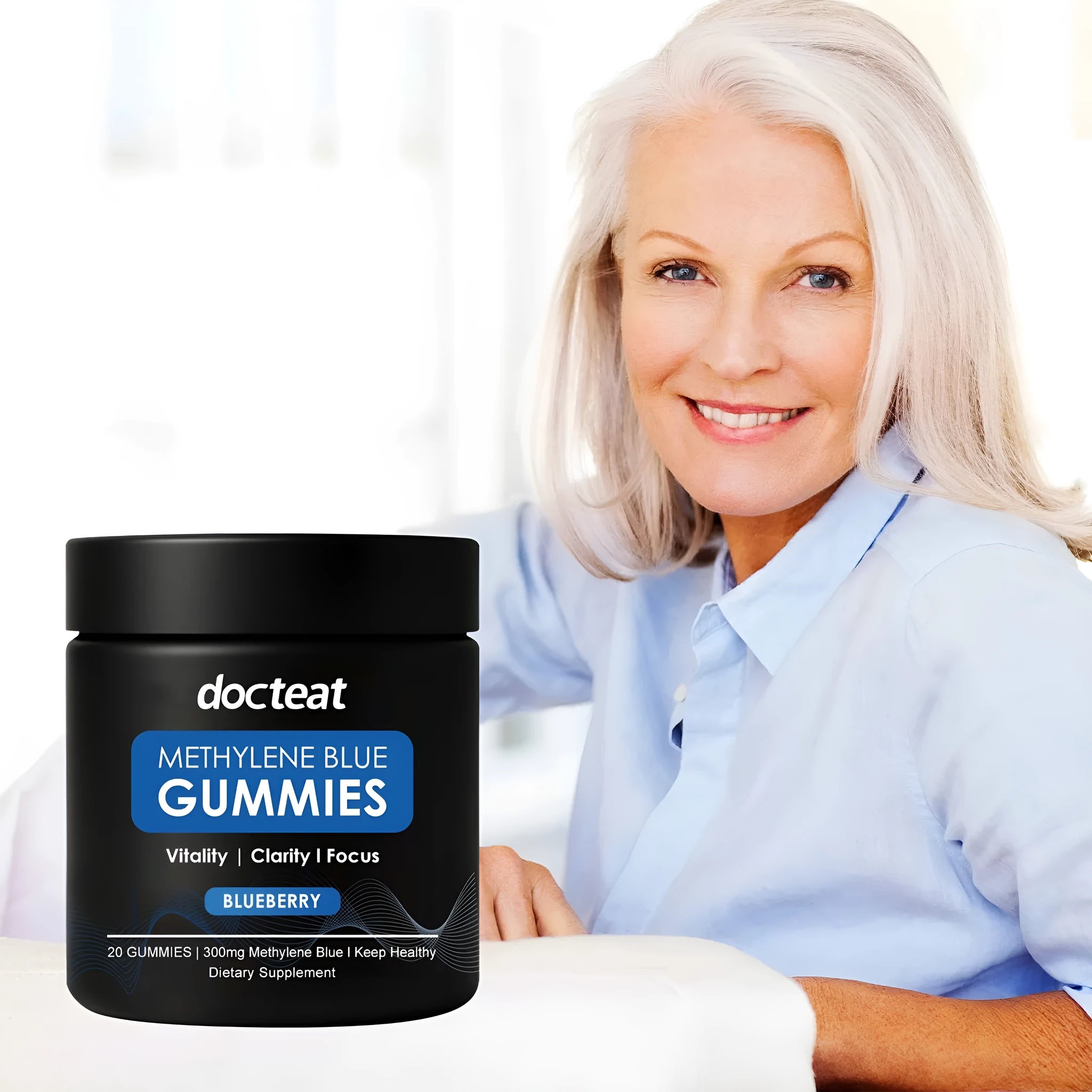Jar of 20 methylene blue soft candy gummies, a pectin-based dietary supplement.