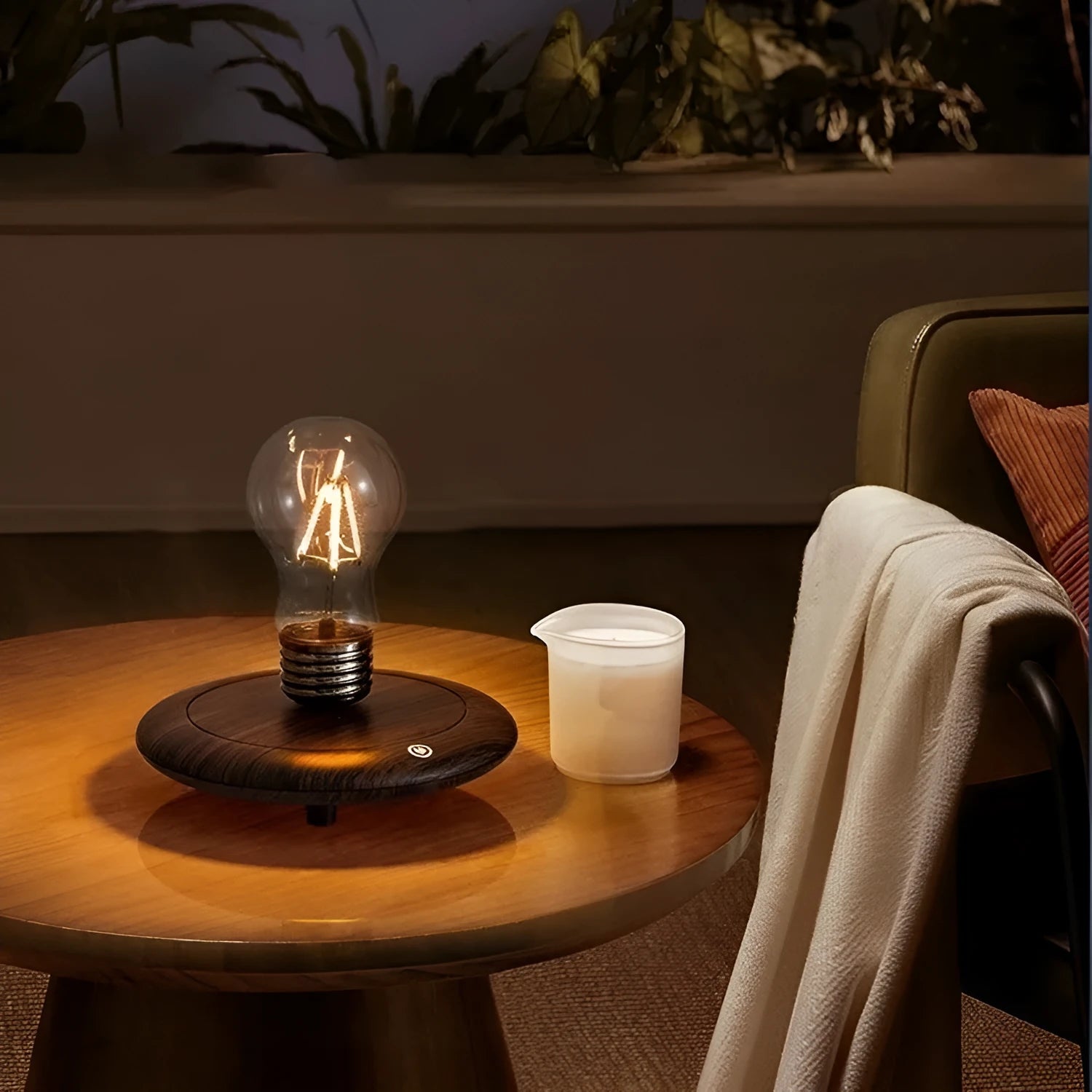 Creative iron art suspension bulb night lamp with black wood grain base for desktop decoration