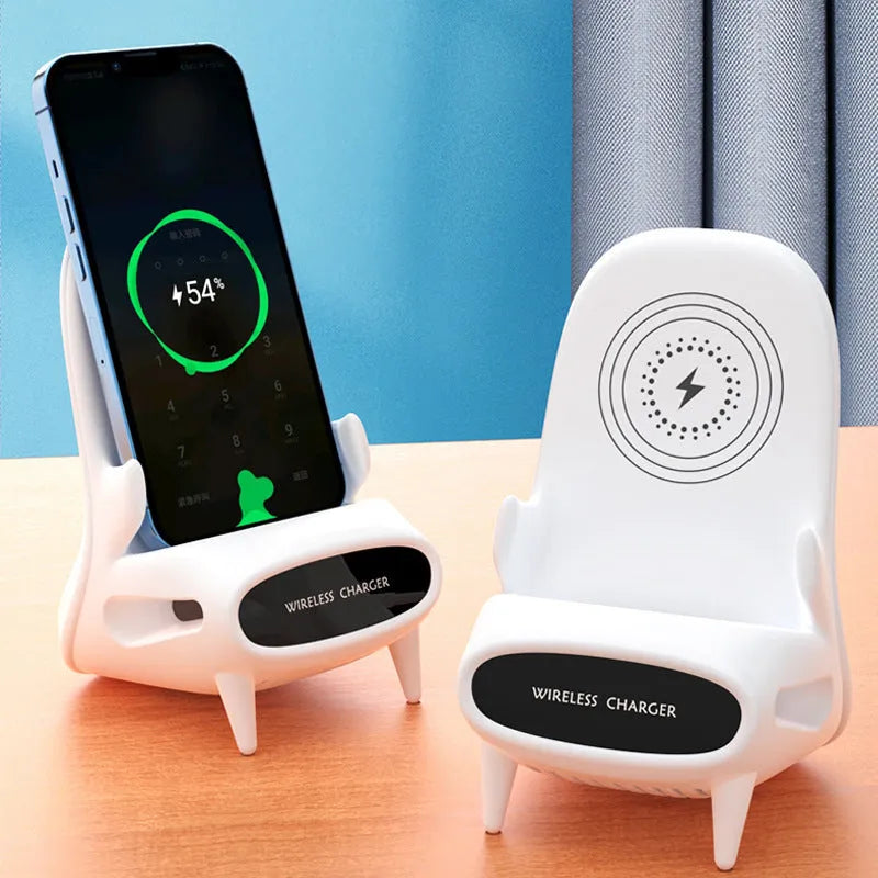 White mini chair shaped wireless charging stand holding smartphone with cable connection