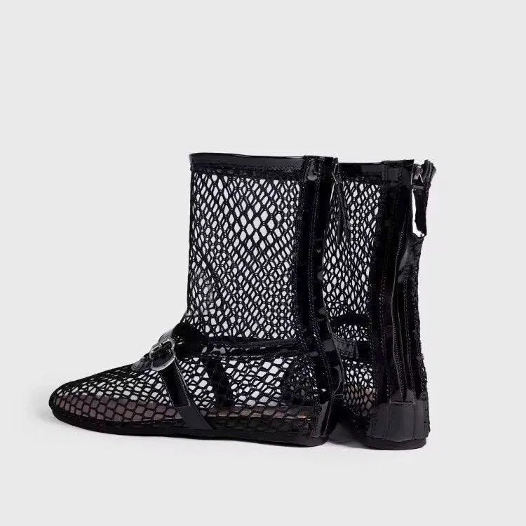 Black high top ballet shoes with metal buckle and back zipper, PU upper and rubber sole