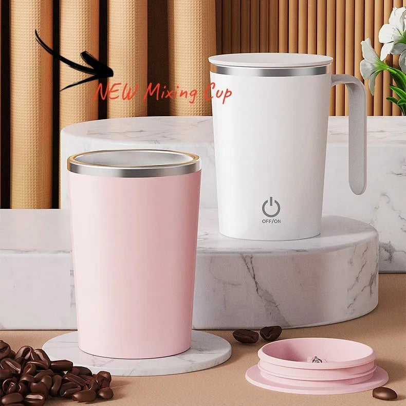 White automatic electric mixing cup with USB cable on a table.