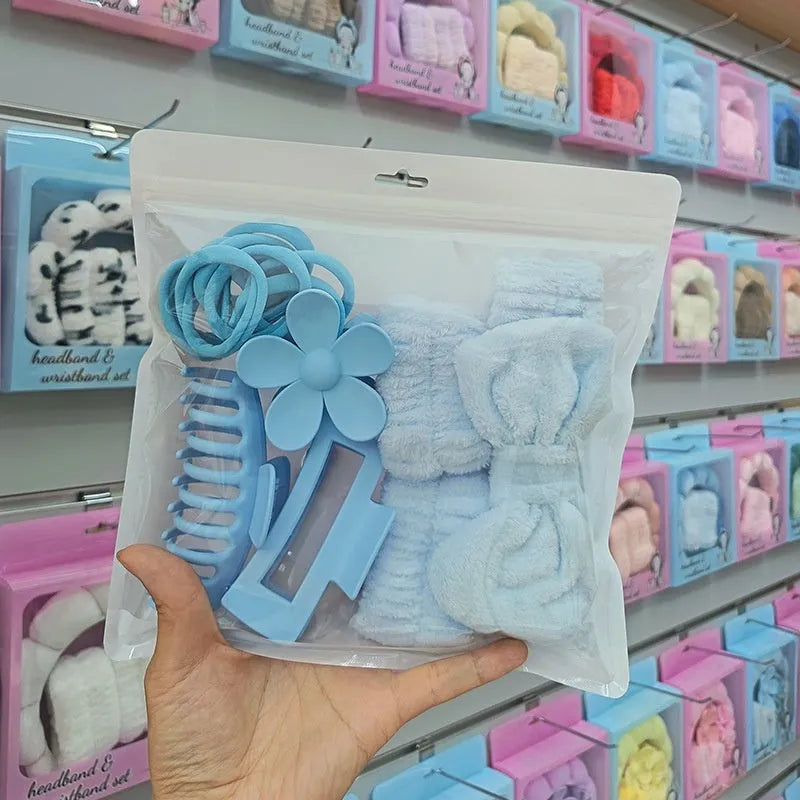 Bow washing face hair band 16-piece set with plaid pattern and wrist strap in multiple colours