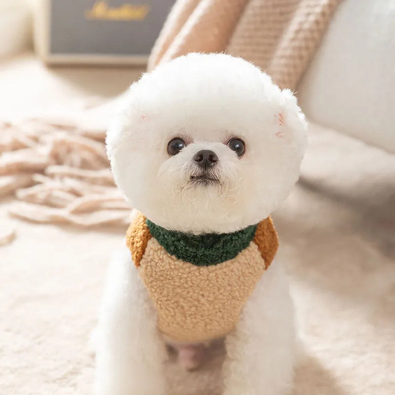 Color-block pet fleece jacket in green brown beige with squirrel patch leash ring and pockets