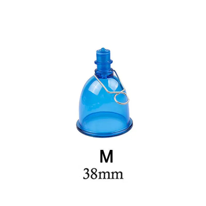 Blue silicone male masturbator cup showing physical stretch exerciser design in three sizes: small S, medium M, large L