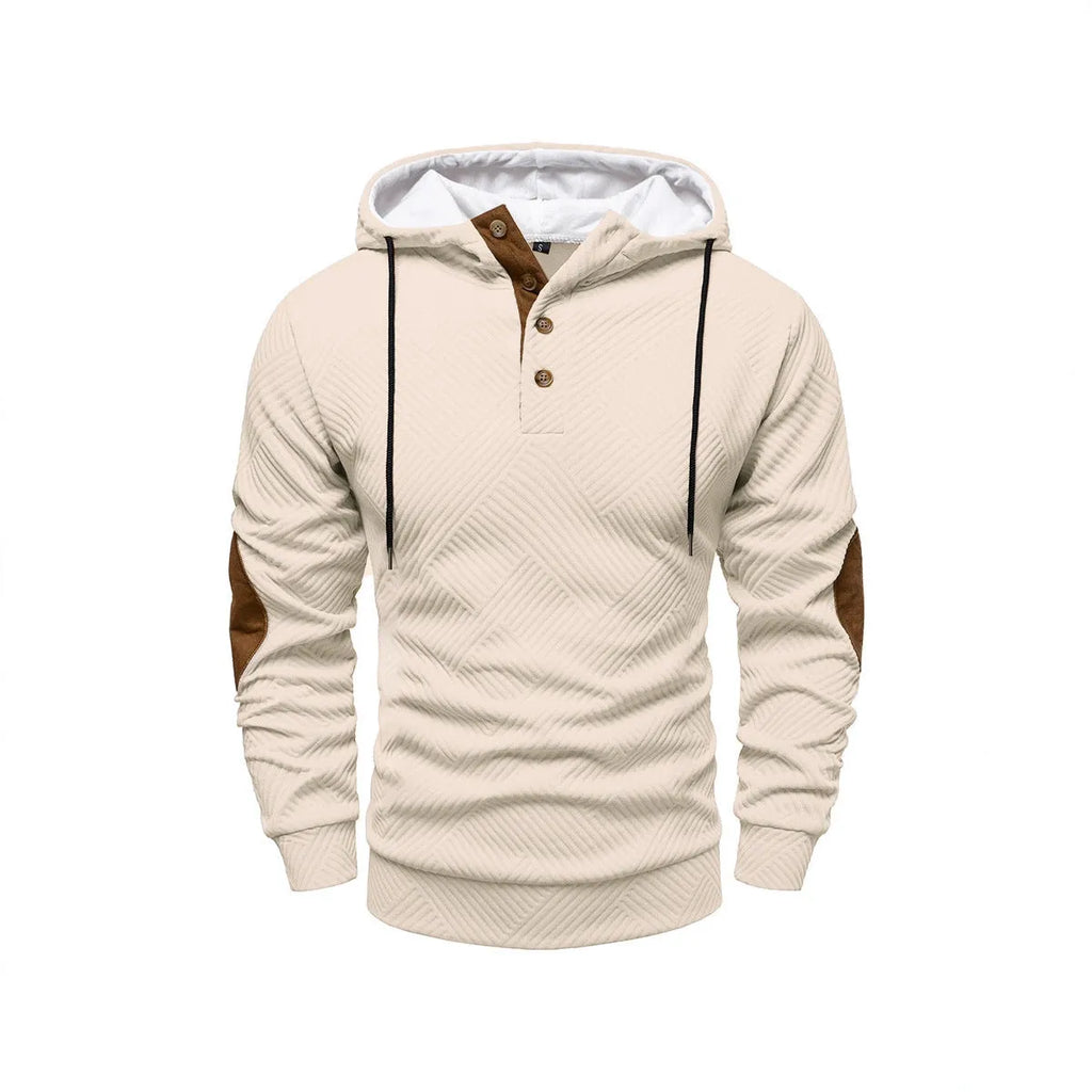 Men's loose hooded polyester fibre pullover in apricot colour, long sleeves, casual style