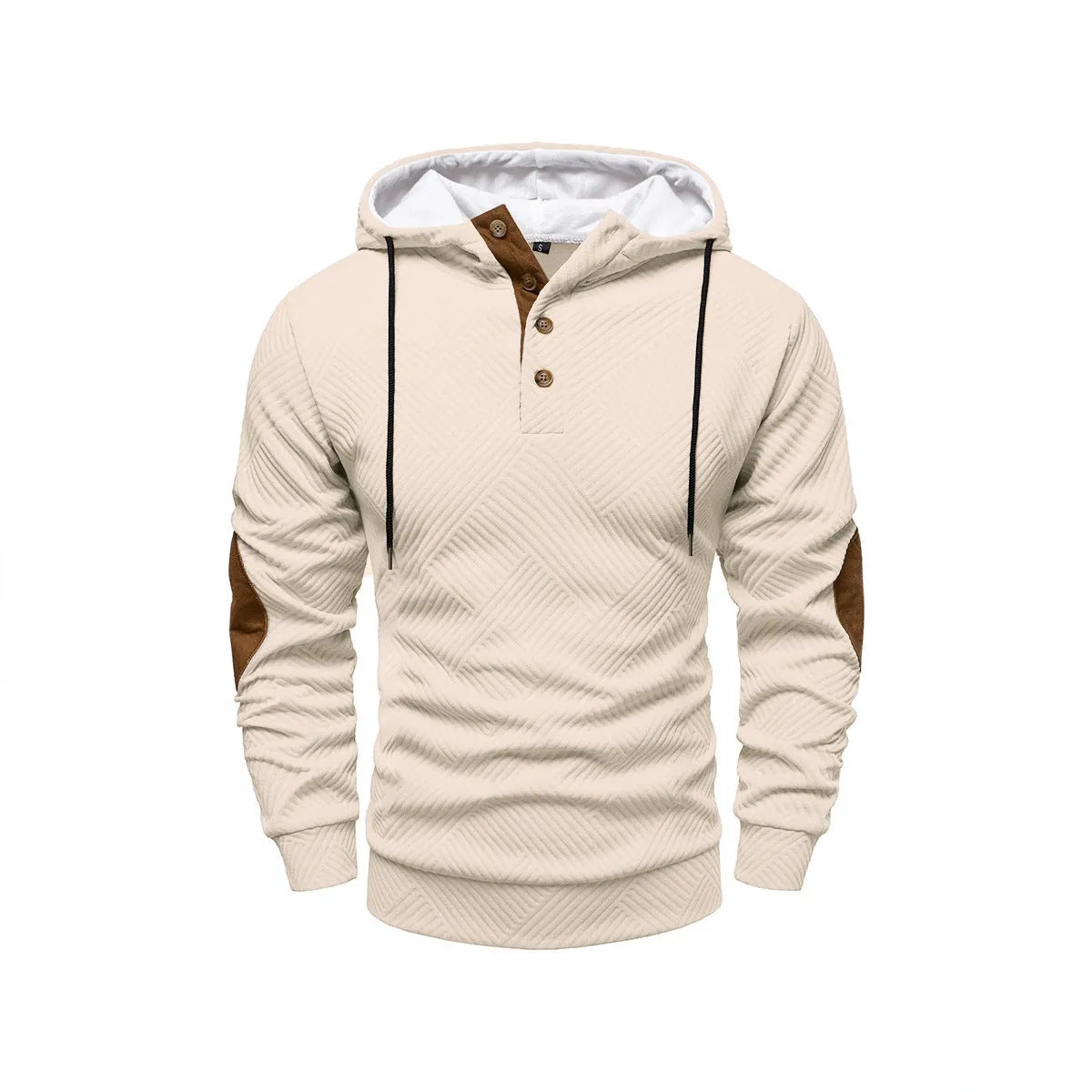 Men's loose hooded polyester fibre pullover in apricot colour, long sleeves, casual style