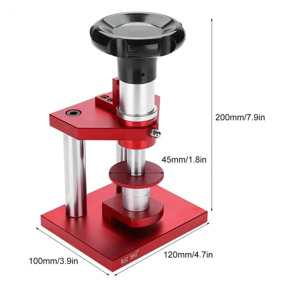 Watch repair spiral cap presser tool with a set of twenty plastic moulds for watch back covers.