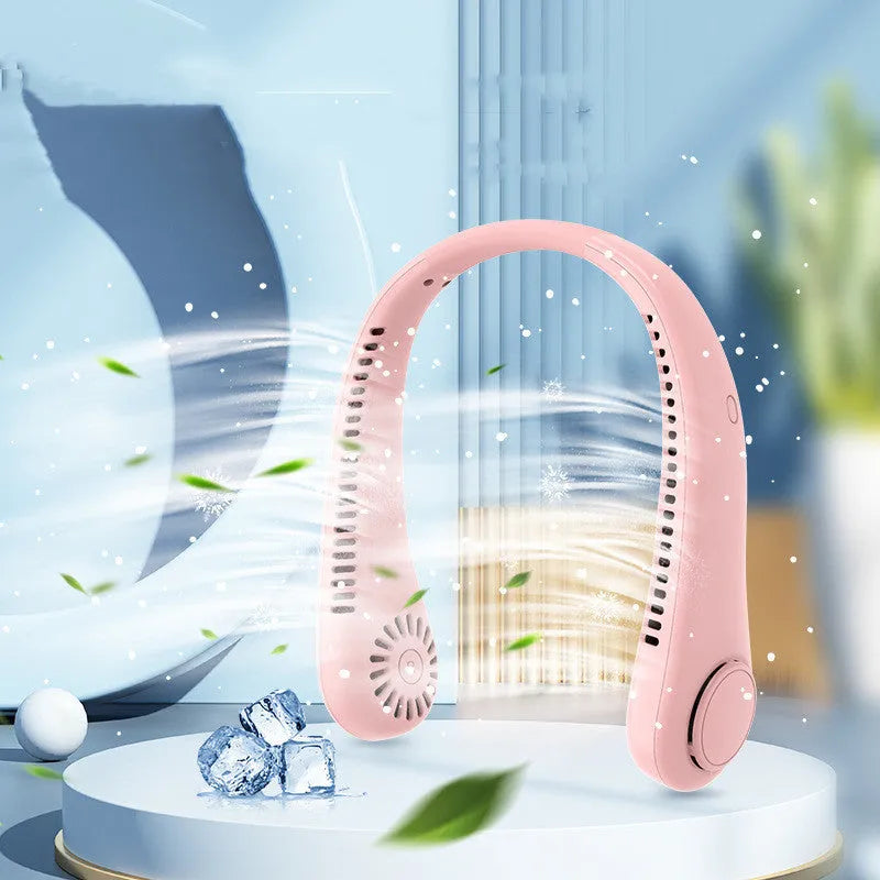 White bladeless neck fan worn around neck showing decentralised air outlet and minimalist design