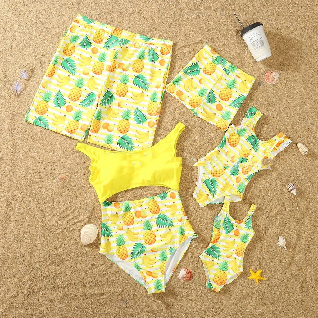 Parent-child quick dry swimsuit set in green, pink, red with polyester acetate blend fabric