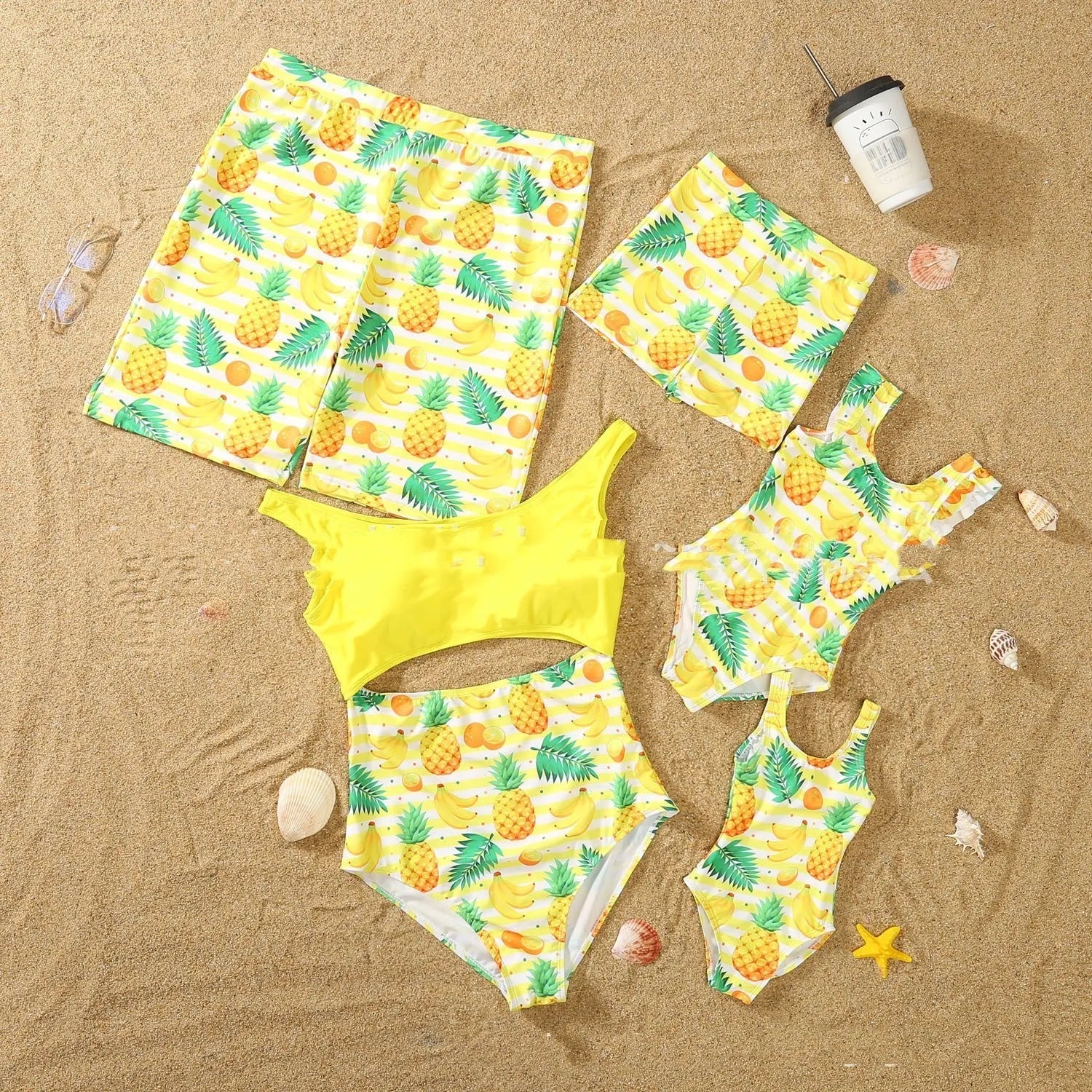 Parent-child quick dry swimsuit set in green, pink, red with polyester acetate blend fabric