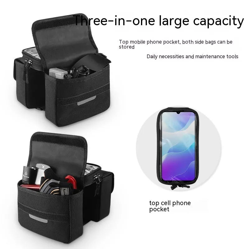 Black and grey Oxford cloth saddle bag with bilateral tube access and touch-screen compatibility