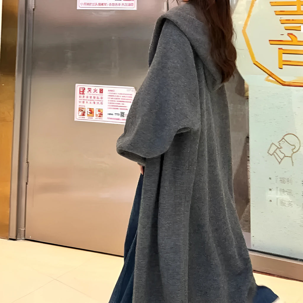 Korean style long hooded cardigan for women in a wool blend fabric, shown in oatmeal colour.