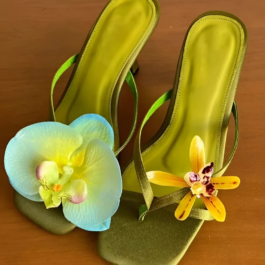 Women's handmade asymmetric floral sandals with high heel and square toe in calf leather