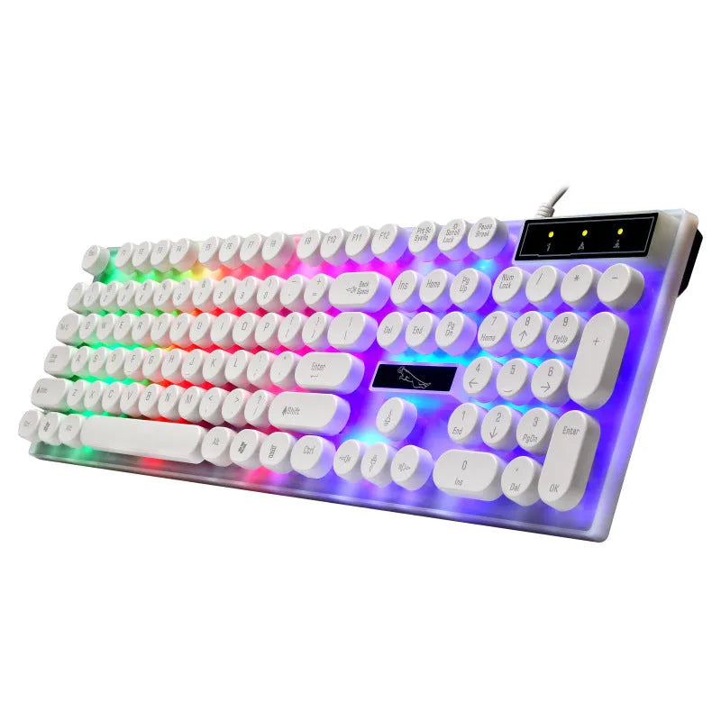 White waterproof gaming keyboard with RGB LED backlight and 104 key layout