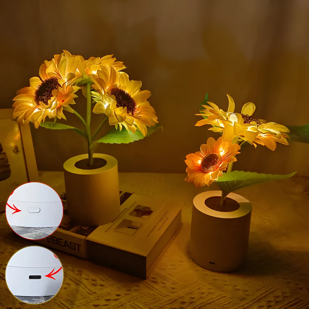 Rechargeable artificial sunflower LED night light desk lamp with USB cable