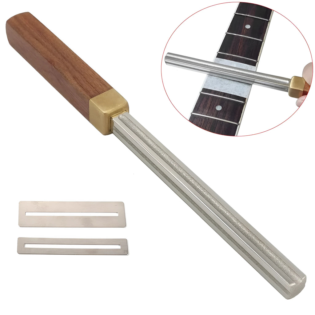 Square guitar fret edge file with four gauge slots 1mm 2mm 3mm 4mm, carbon steel body, diamond grit, wooden handle