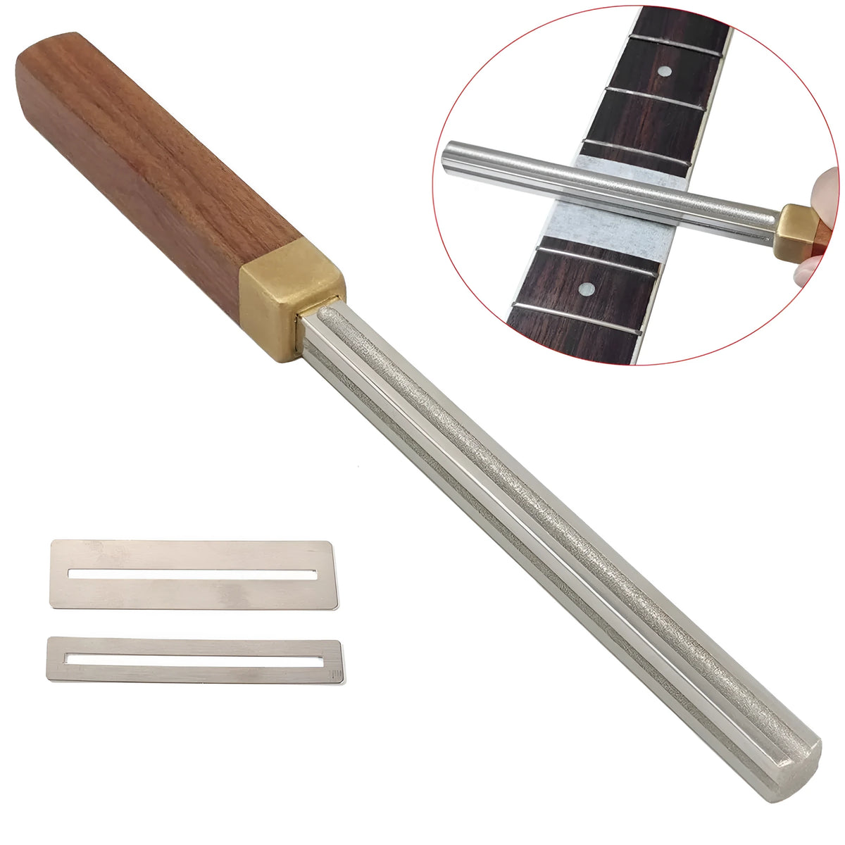 Square guitar fret edge file with four gauge slots 1mm 2mm 3mm 4mm, carbon steel body, diamond grit, wooden handle