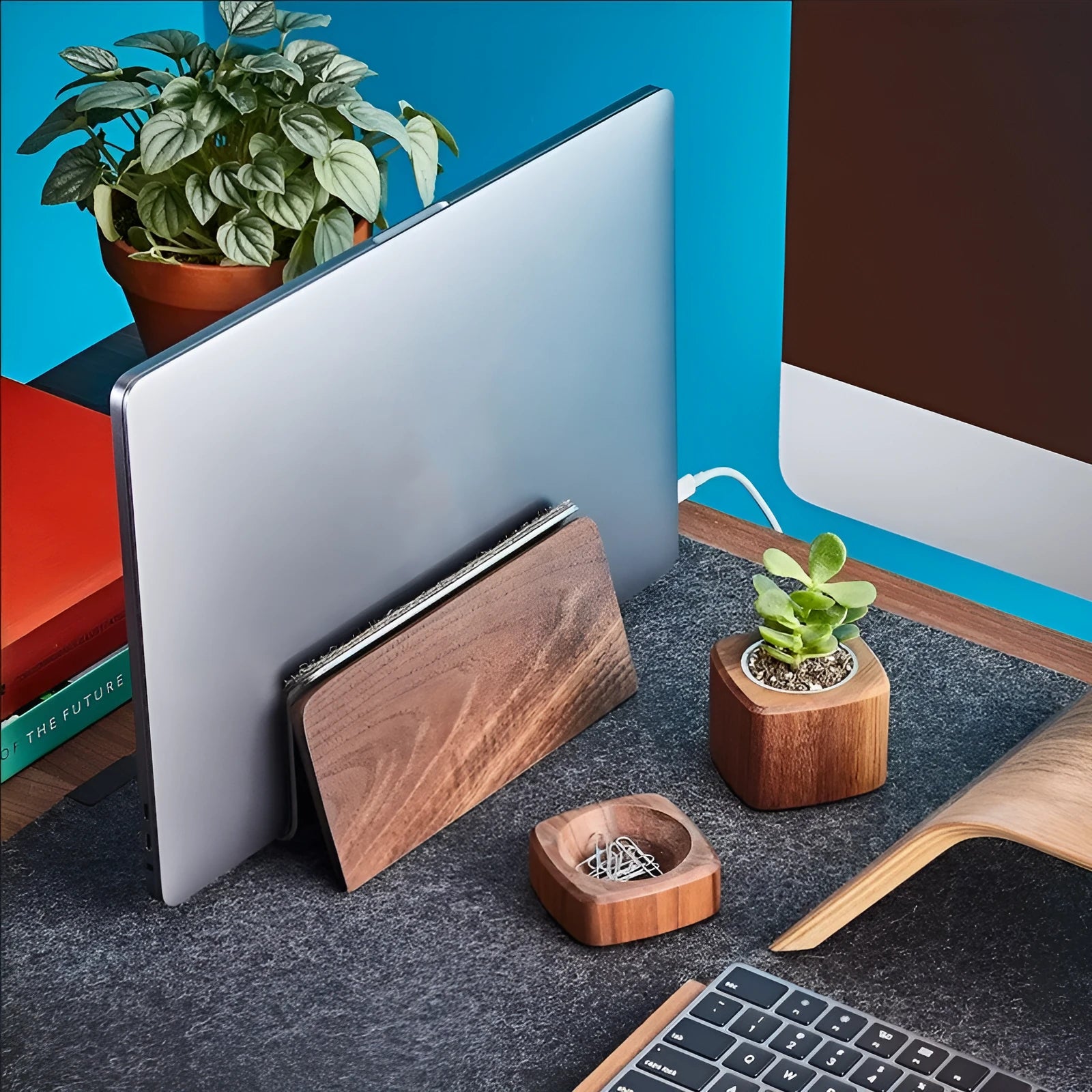 Walnut solid wood laptop stand on desk with universal fit and compact size