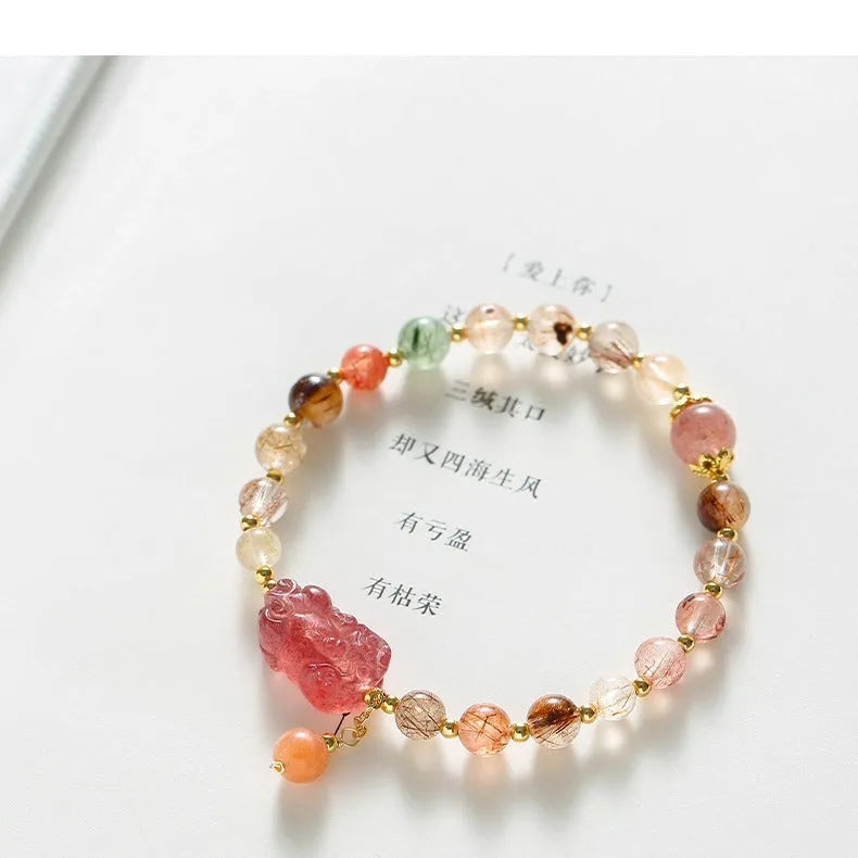 Strawberry Quartz crystal bracelet with Pixiu charm and pearl accents in dopamine colours