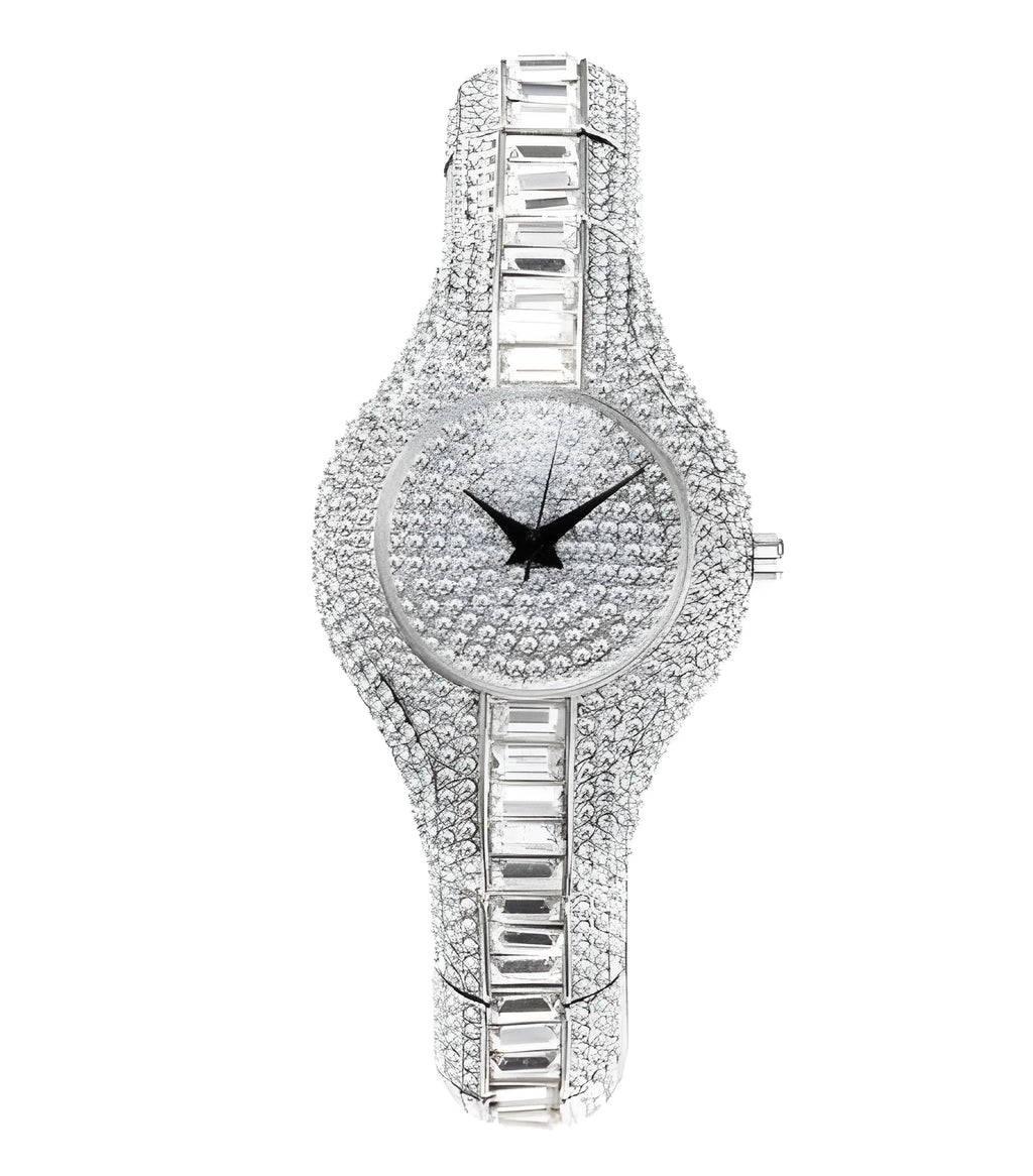 Gold ladies' quartz watch with diamond and colourful stone decoration, round alloy case, alloy strap, and mineral strengthened glass mirror