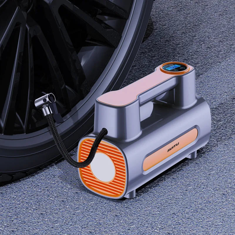 Cordless portable tyre inflator with digital display showing pressure reading