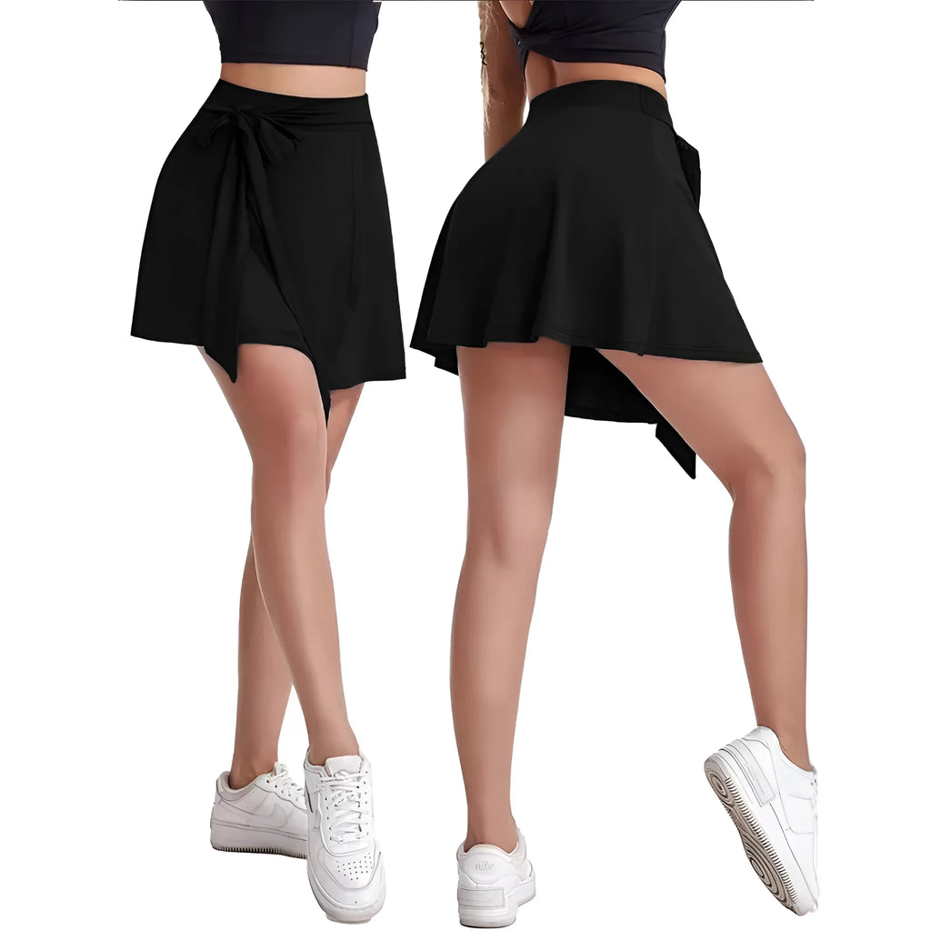 Black thigh-length unisex sports skirt with high waist and integrated shorts.