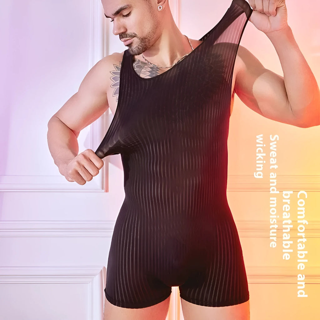 Men's striped nylon jumpsuit in black, white or dark grey with vertical pattern