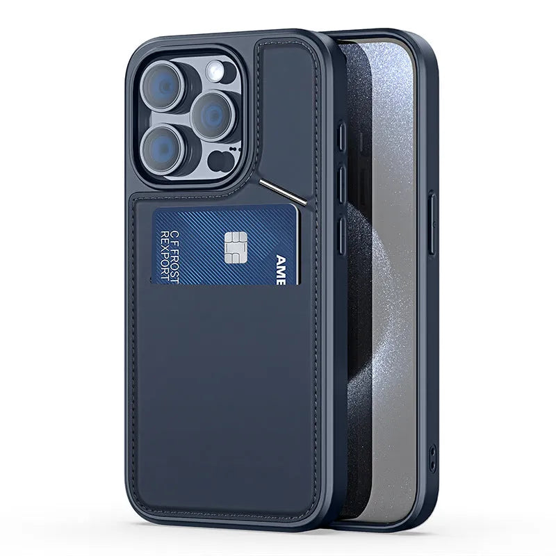Black multi-functional iPhone 15 phone case with bracket, magnetic suction and anti-fall protection, TPU PU stainless steel magnet