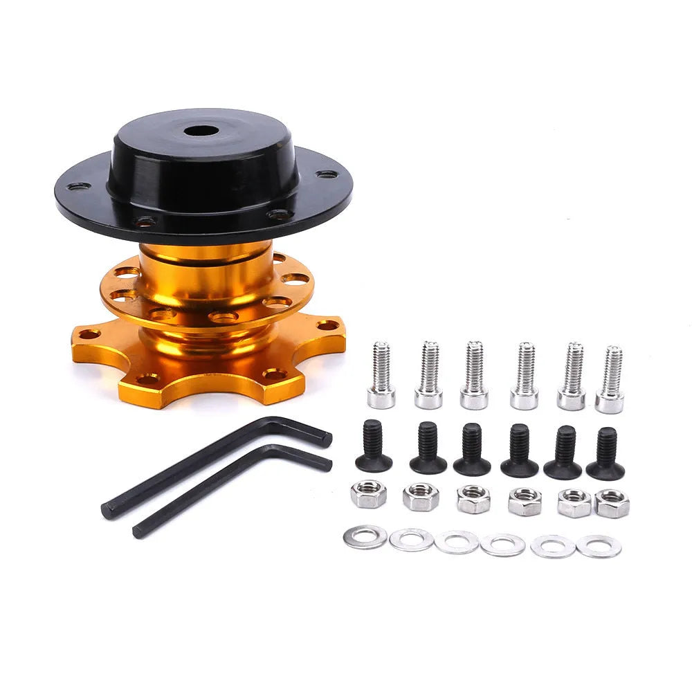 Car steering wheel quick release adapter in five metallic colours: black, red, blue, silver, gold