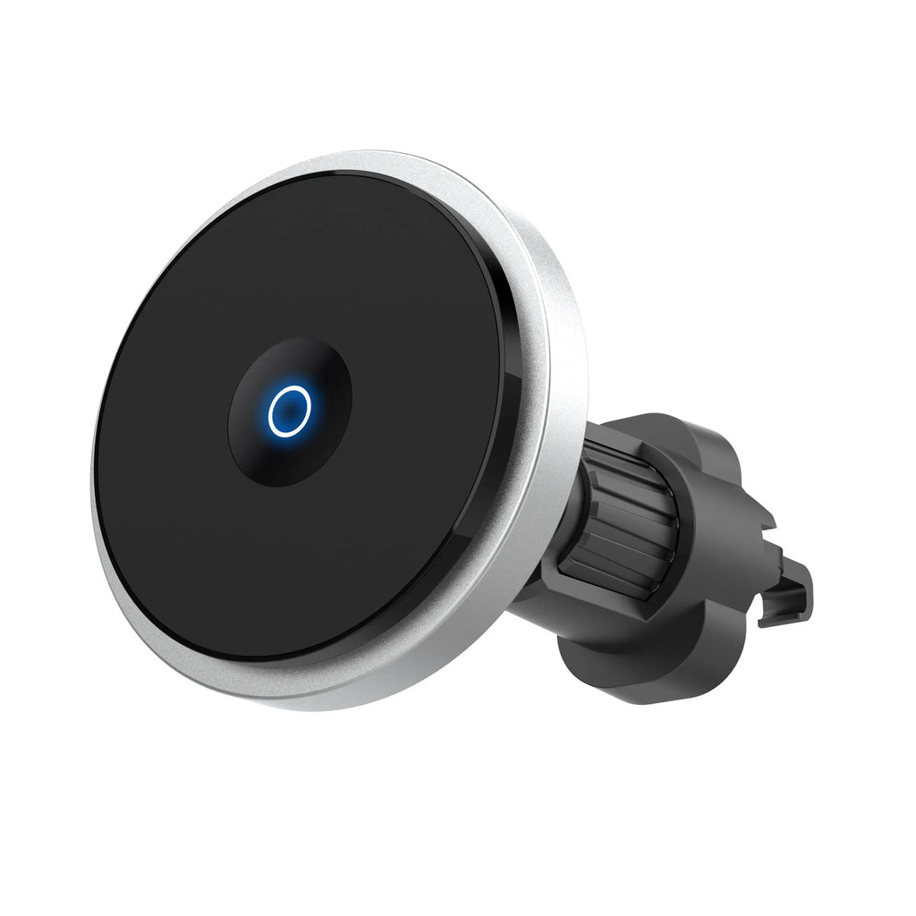 Circular metal 15W magnetic wireless car charger mounted on a car air vent, showing black, blue, and silver colour options.