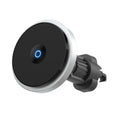 Circular metal 15W magnetic wireless car charger mounted on a car air vent, showing black, blue, and silver colour options.