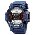 Blue smart watch with round 56mm touch screen dial and TPU strap on a wrist.