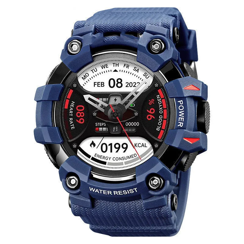 Blue smart watch with round 56mm touch screen dial and TPU strap on a wrist.