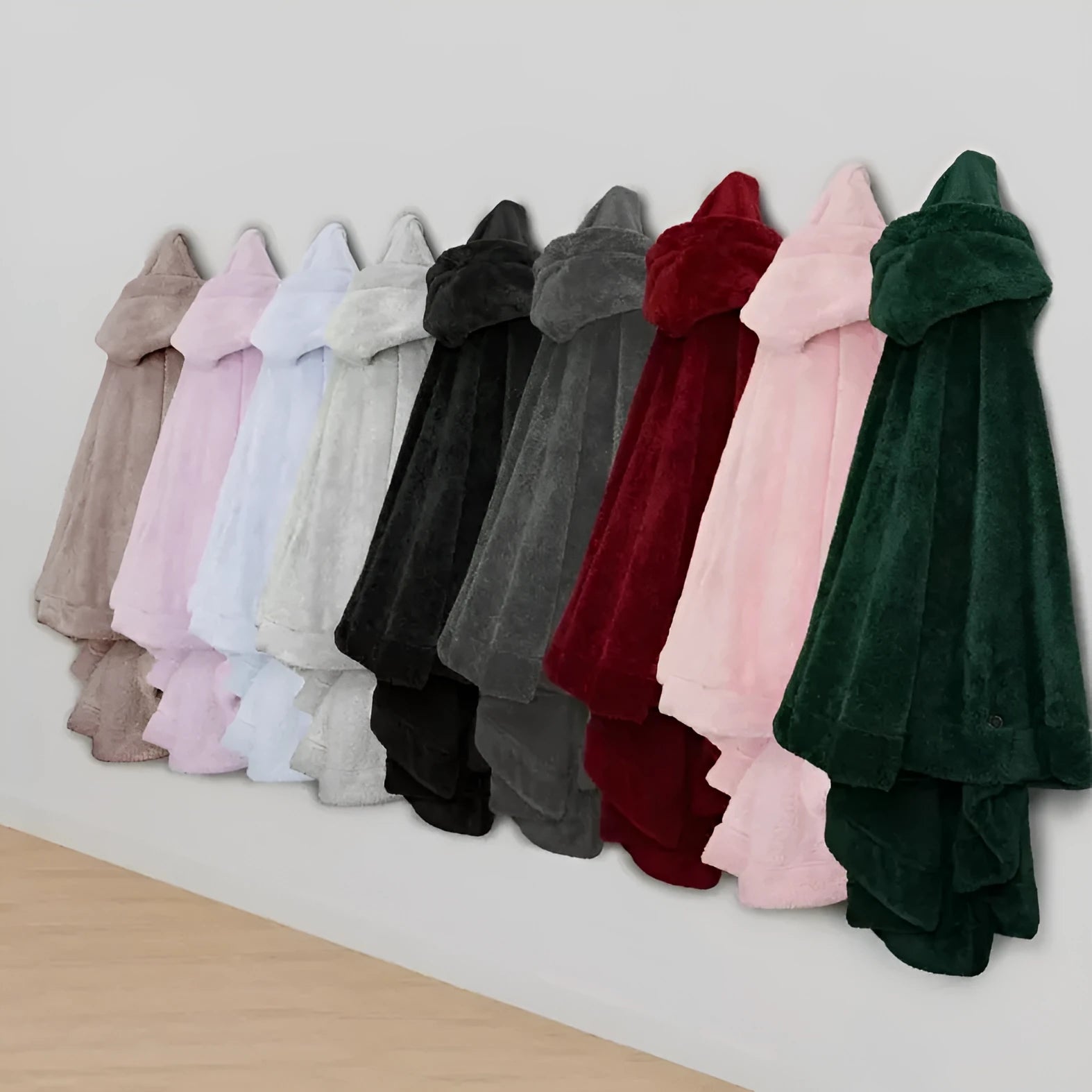 Thickened hooded bathrobe in cardigan style shown in black, dark grey, and pink colour options.