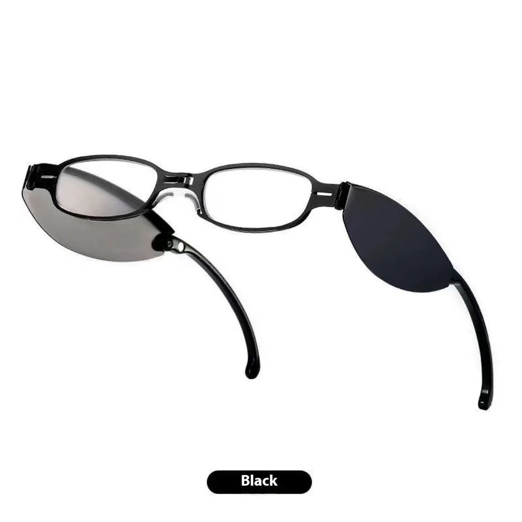 Black folding presbyopic glasses with metal frame and ring detailing shown open and folded
