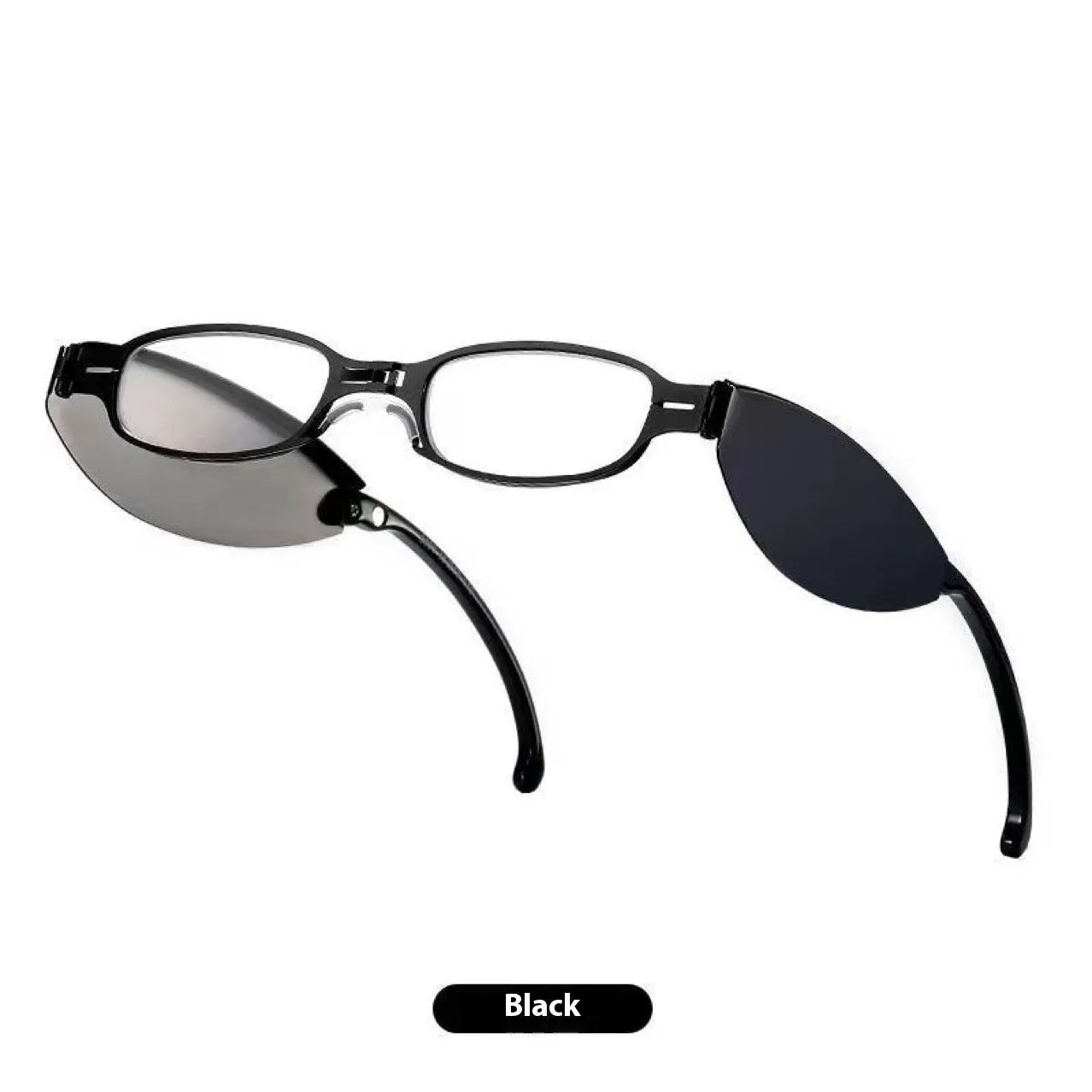 Black folding presbyopic glasses with metal frame and ring detailing shown open and folded
