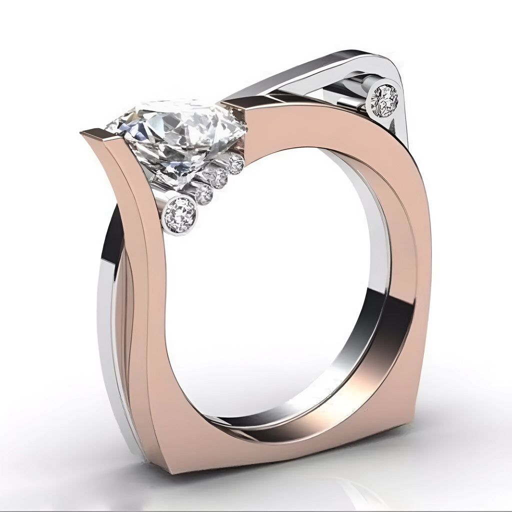 Rose gold geometric couple ring with inlaid zircon stones on a white background.