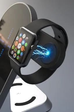 Black multifunctional alarm clock with wireless charging pad, smartwatch dock, and USB port.